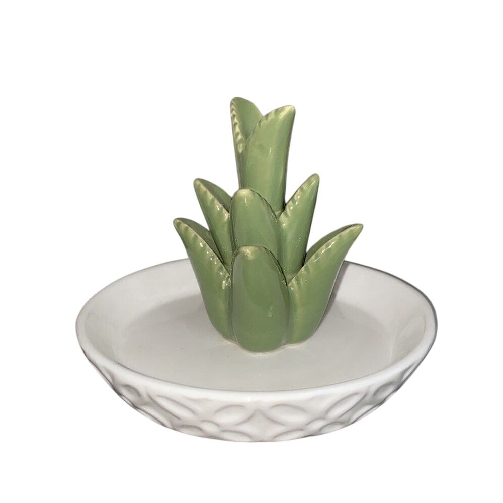 Ceramic Succulent Jewelry Dish Ring Holder Aloe Plant Trinket Tray Green White